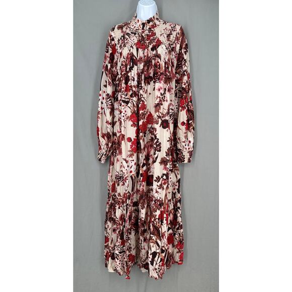 HM Dress Womens 10 Red Floral Maxi Boho Cottagecore Bohemian Brown Long Sleeve - Picture 1 of 8